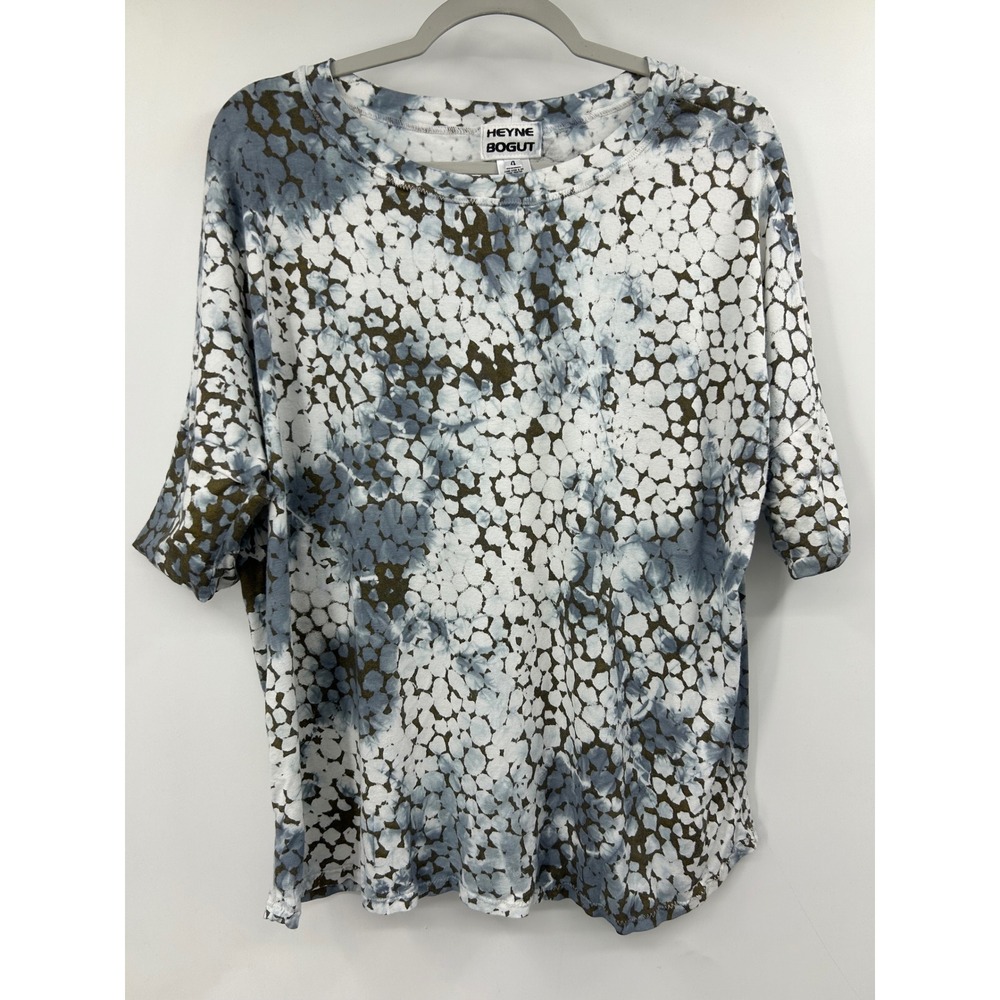 Heyne Bogut Hand Dyed Printed Top Womens Blue Olive Green Tee Large